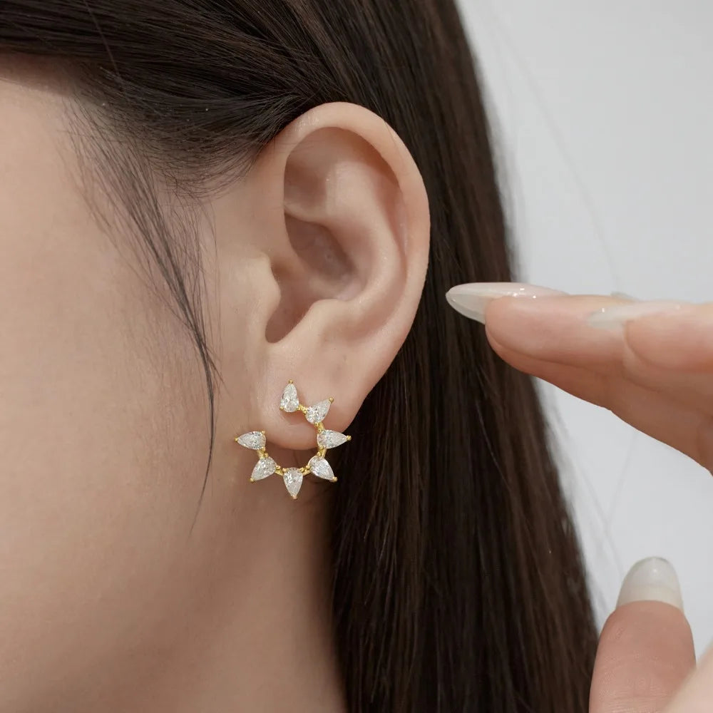 Silver Zircon Pear Cut Inlaid Layered Flower Ear Studs