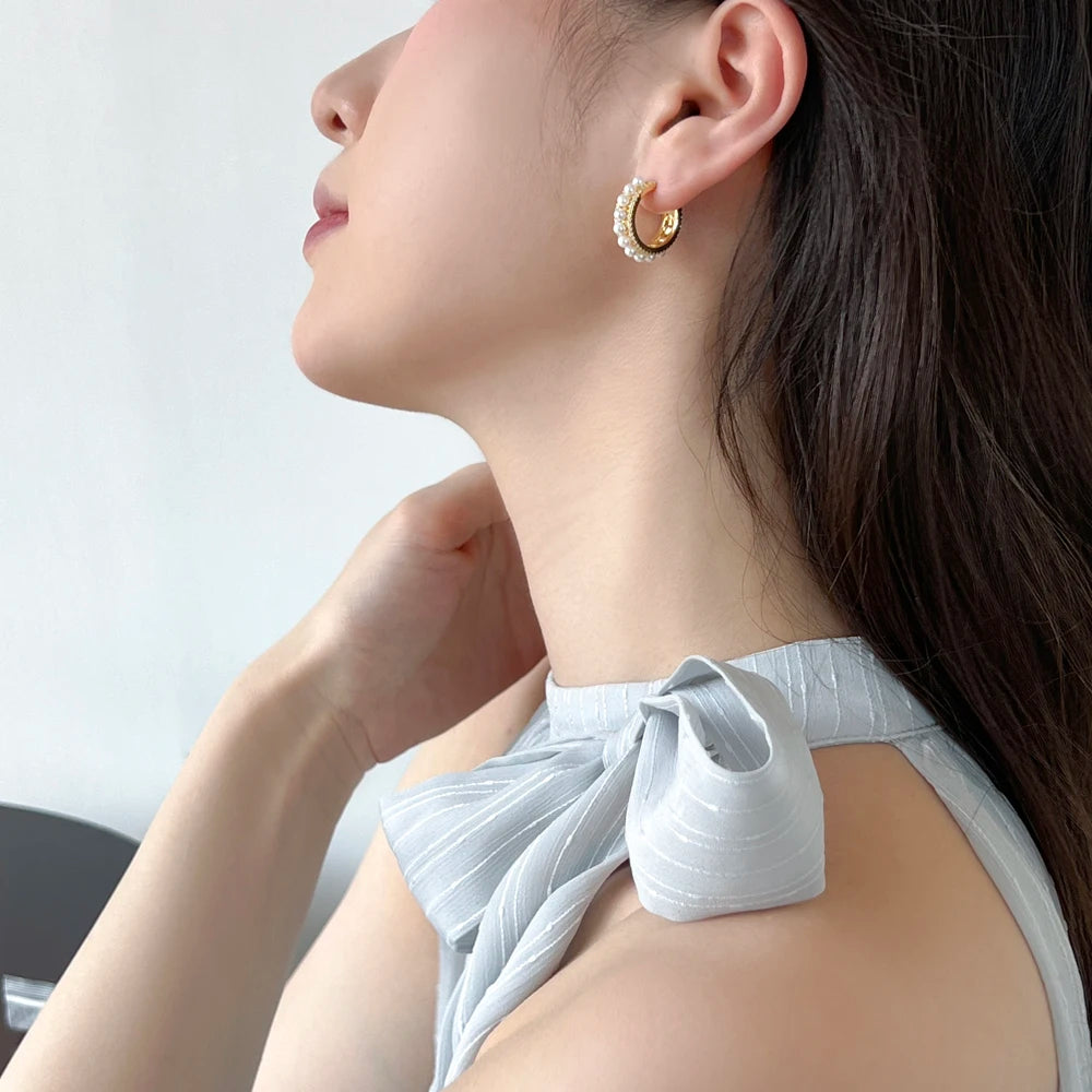 Silver Pearl Hook Inlaid Ear Hoops