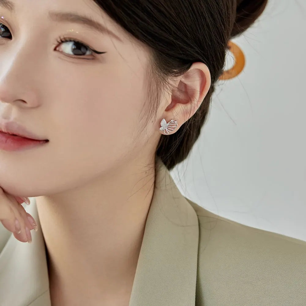 Silver Zircon Round Cut Hollow Inlaid Butterfly Ear Studs