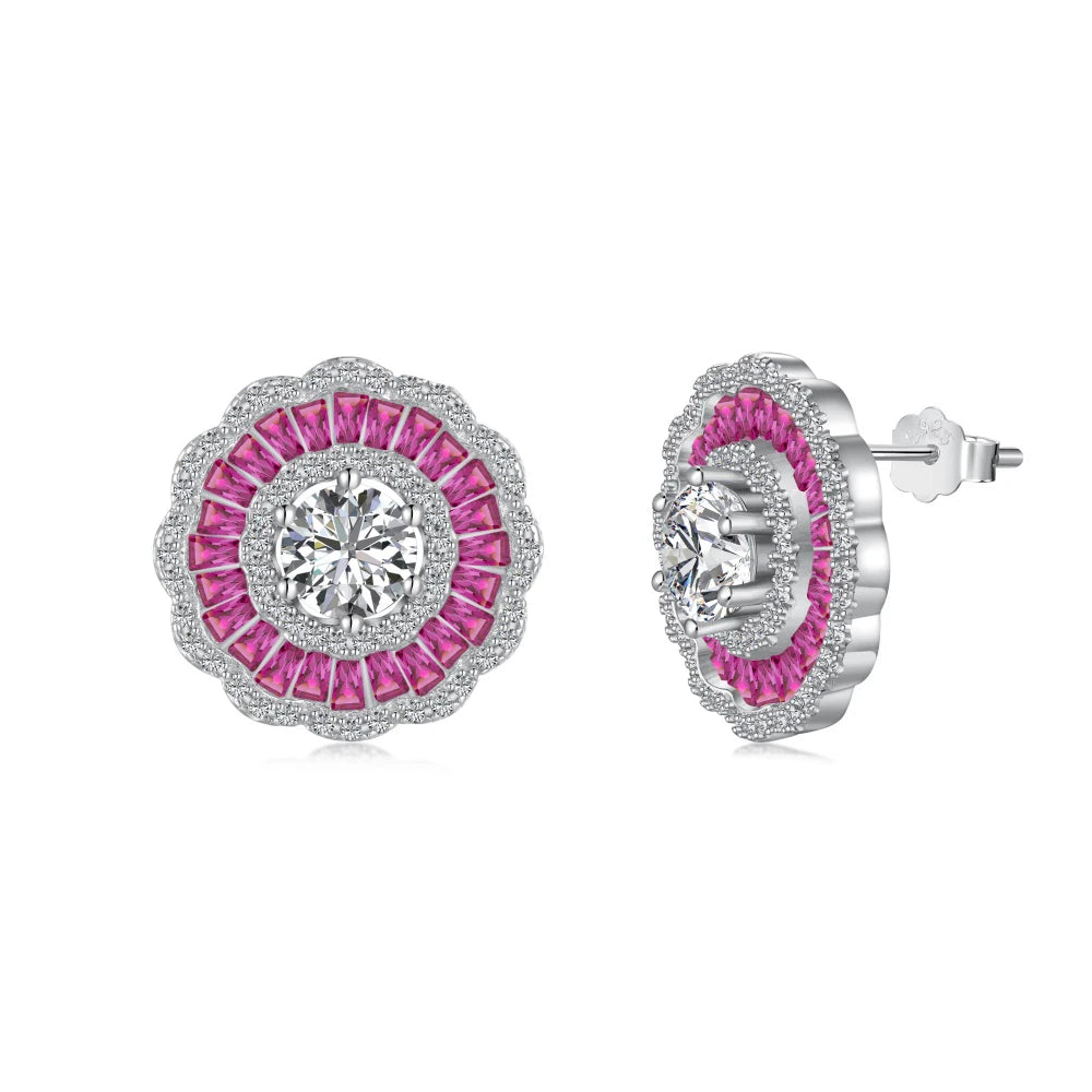 Silver Zircon Round Cut Iced Halo Curved Ear Studs