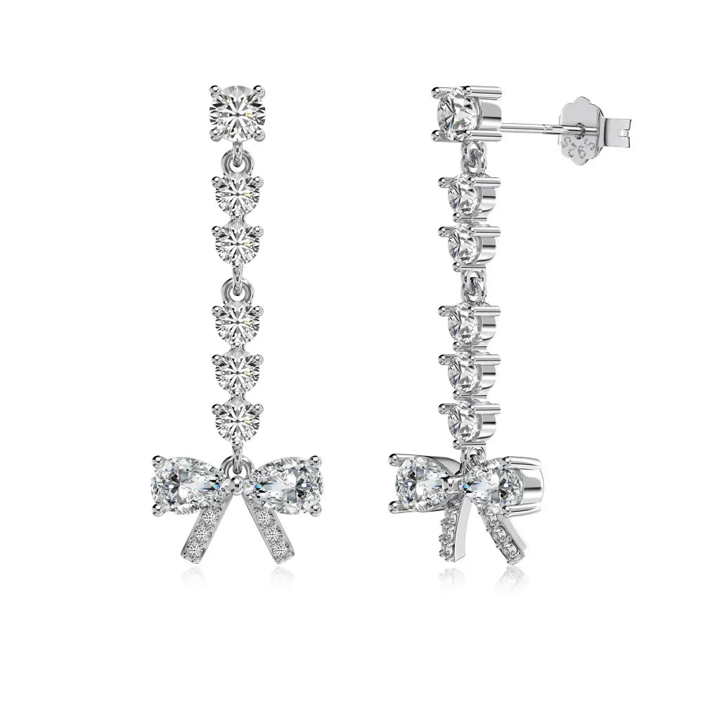 Silver Zircon Pear Cut Dangle Bow Drop Earrings