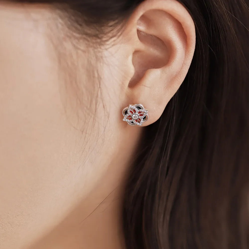 Silver Zircon Round Cut Clover Flower Ear Studs