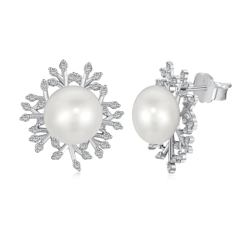 Silver Pearl Snowflake Ear Studs