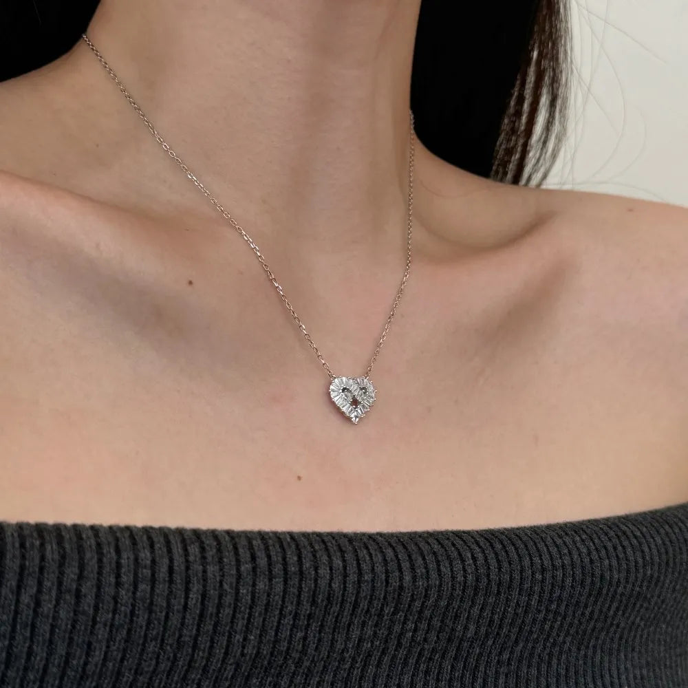 Silver Zircon Baguette Cut Iced Heart Pendant Necklace