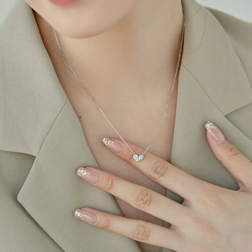 Silver Zircon Pear Cut Heart Pendant Necklace