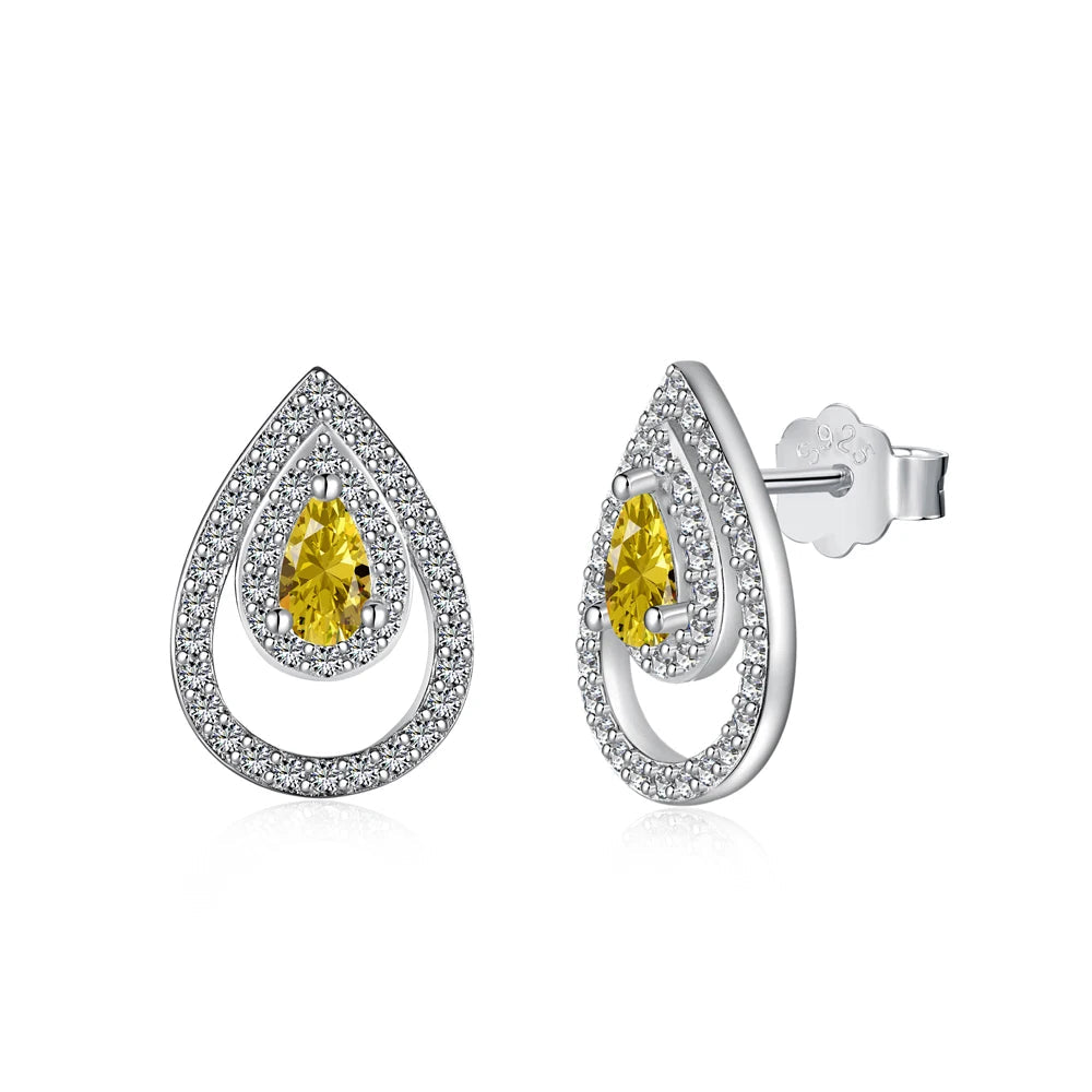 Silver Zircon Pear Cut Halo Tear Ear Studs