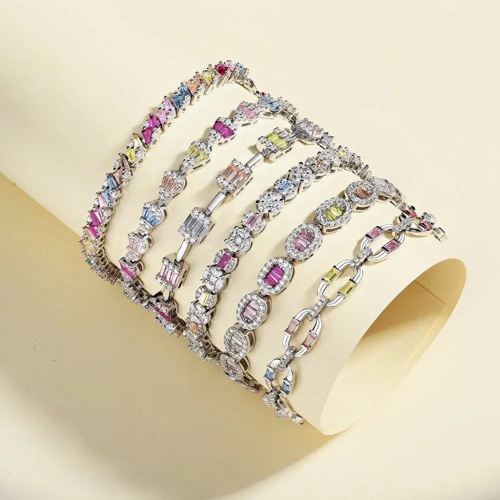 Silver Zircon Tapered Baguette Cut Multi Shape Tennis Bracelet