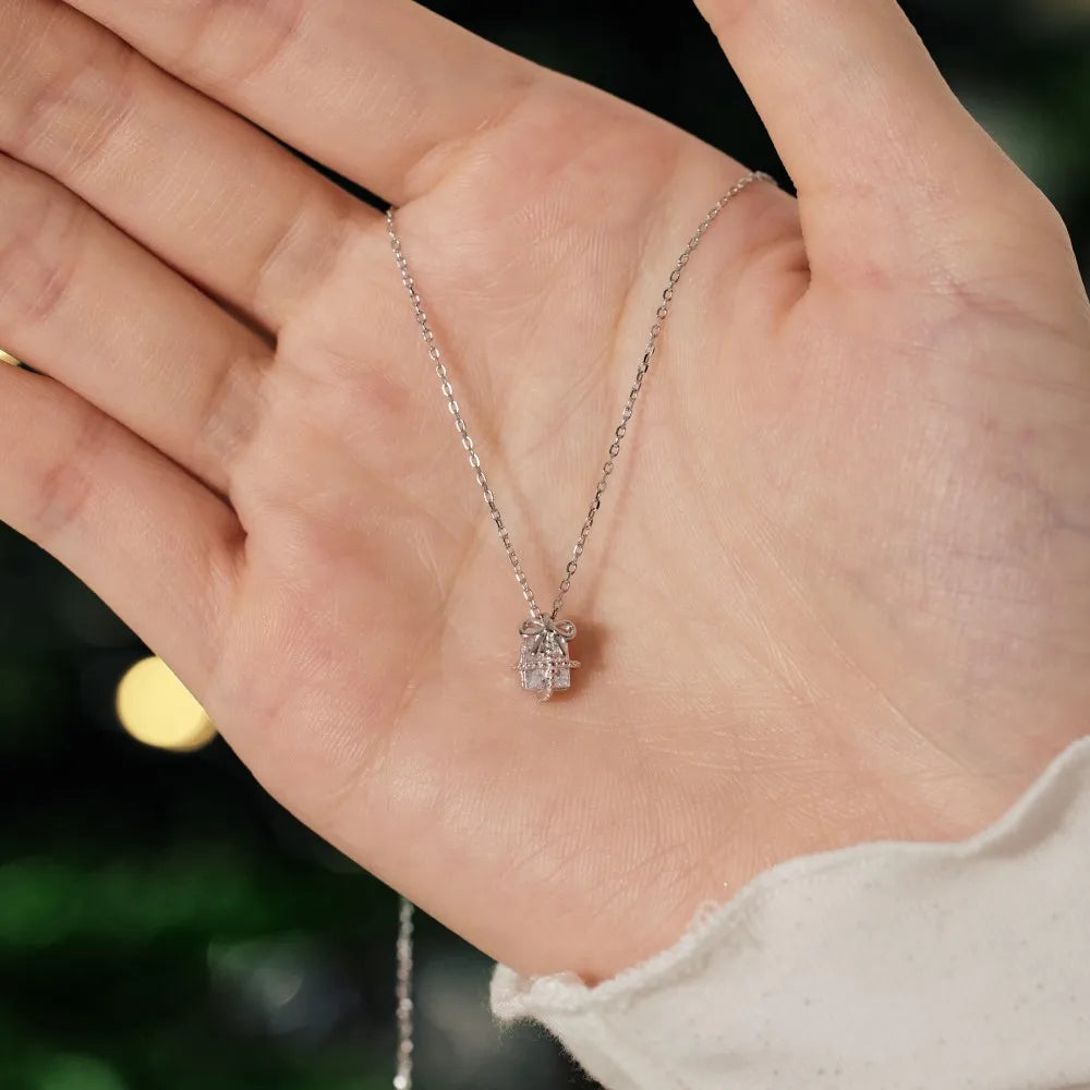 Silver Zircon Radiant Cut Gift Box Pendant Necklace