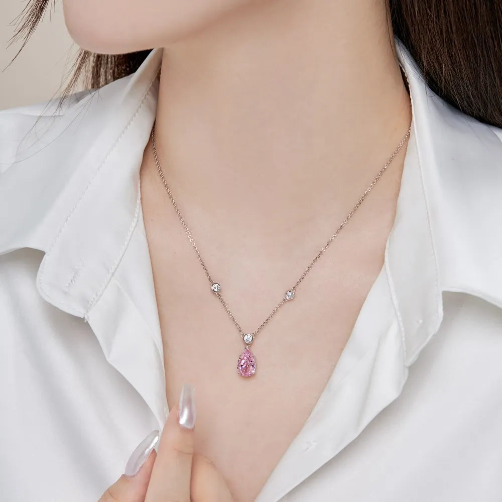 Silver Zircon Pear Cut Inlaid Tear Pendant Necklace