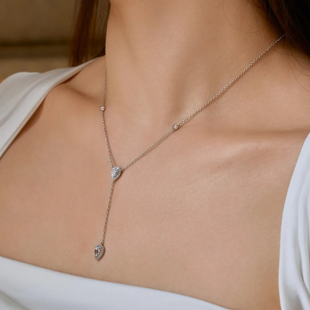 Silver Zircon Pear Cut Dangle Water Drop Pendant Necklace