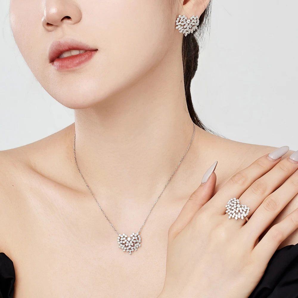 Silver Zircon Round Cut Iced Heart Pendant Necklace