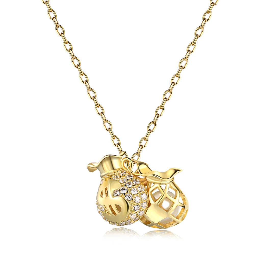 Silver Zircon Round Cut Money Bag Pendant Necklace