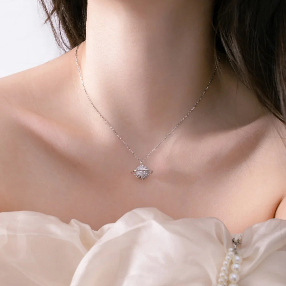 Silver Zircon Round Cut Iced Globe Pendant Necklace