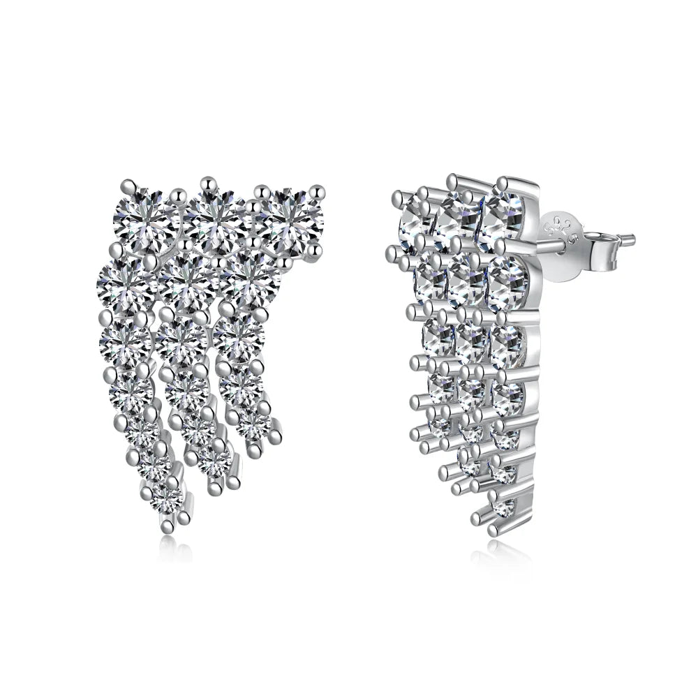 Silver Zircon Round Cut Tassel Ear Studs