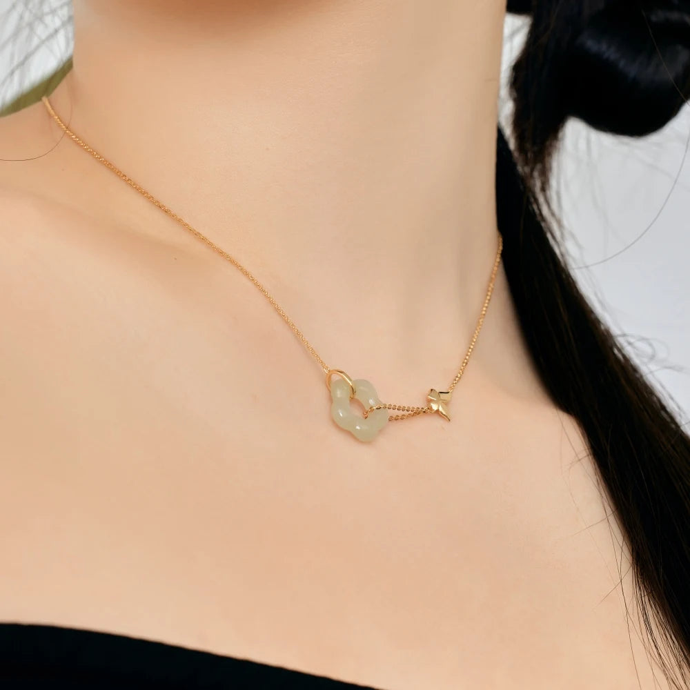 Silver Jade Cut Flower Pendant Necklace