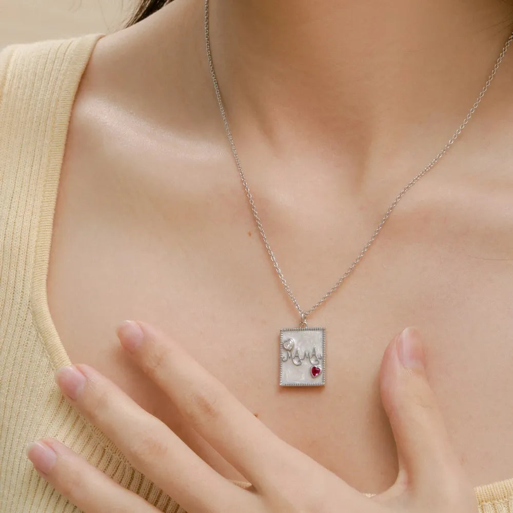 Silver Zircon Heart Cut Mama Pendant Necklace
