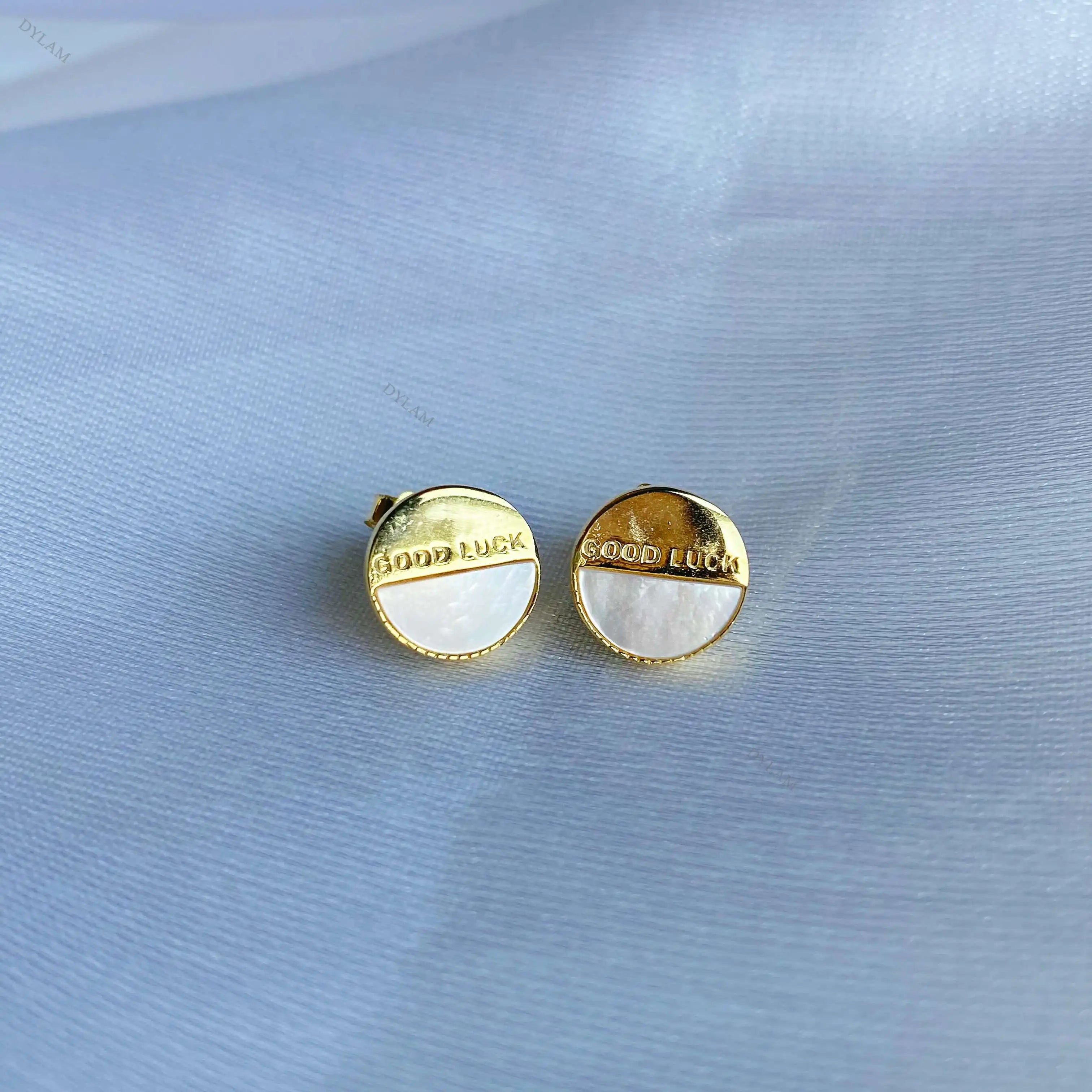 Silver Opal Half Moon Cut Good Luck Disc Ear Studs