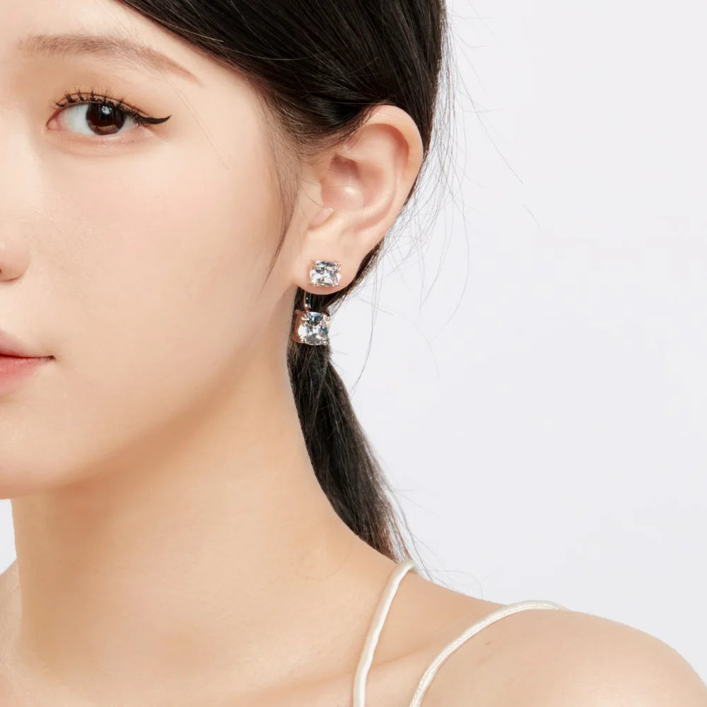 Silver Zircon Cushion Square Cut Stacked Ear Studs