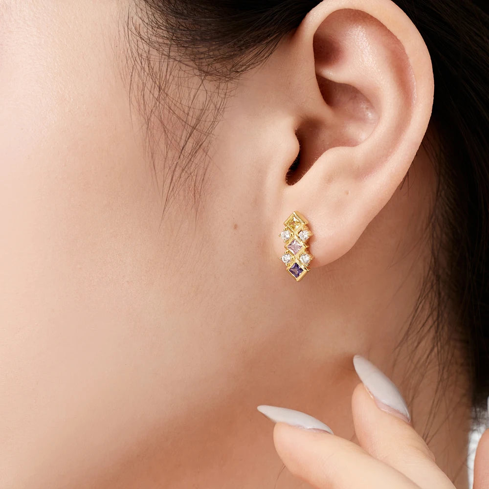 Silver Zircon Princess Cut Inlaid Flowing Ear Studs