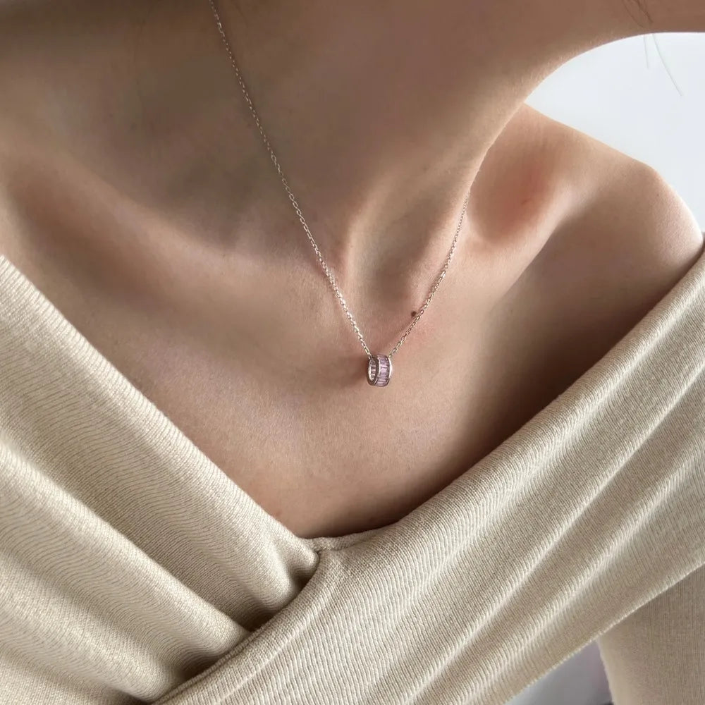 Silver Zircon Baguette Cut Cylinder Pendant Necklace