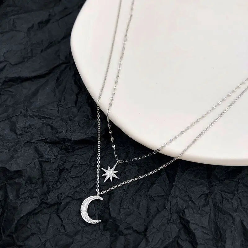 Silver Zircon Round Cut Double Layered Crescent Star Pendant Necklace