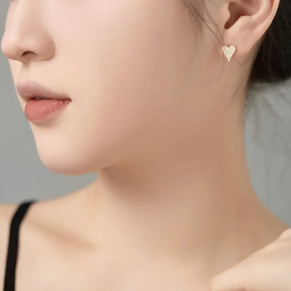 Silver Zircon Round Cut Iced Heart Ear Studs