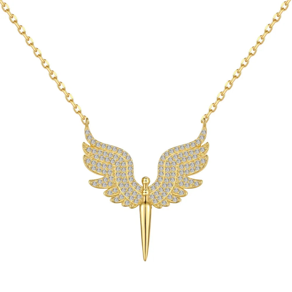 Silver Zircon Round Cut Sword & Wings Pendant Necklace