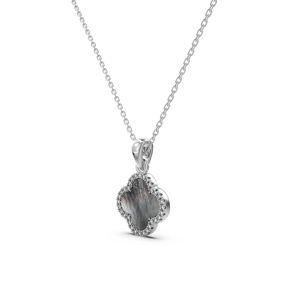 Silver Zircon Round Cut Inlaid Clover Pendant Necklace
