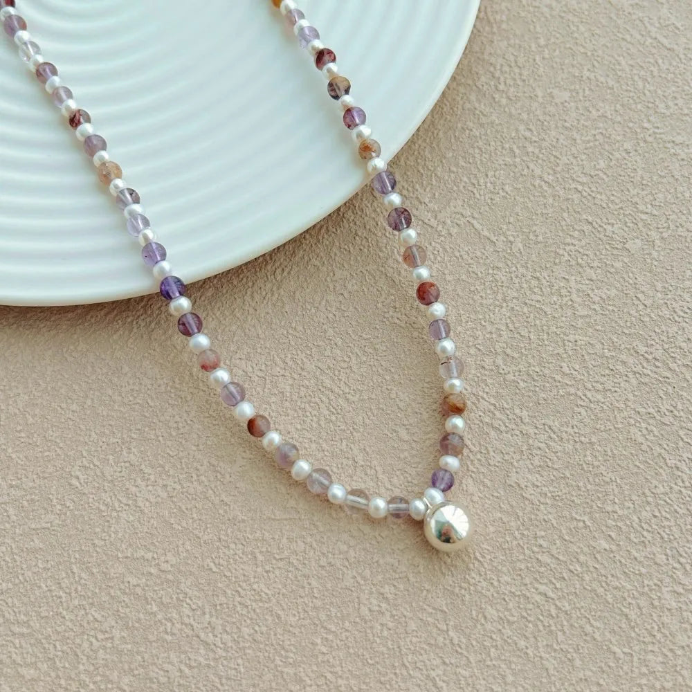 Silver Amethyst Round Cut Classic Beaded Necklace