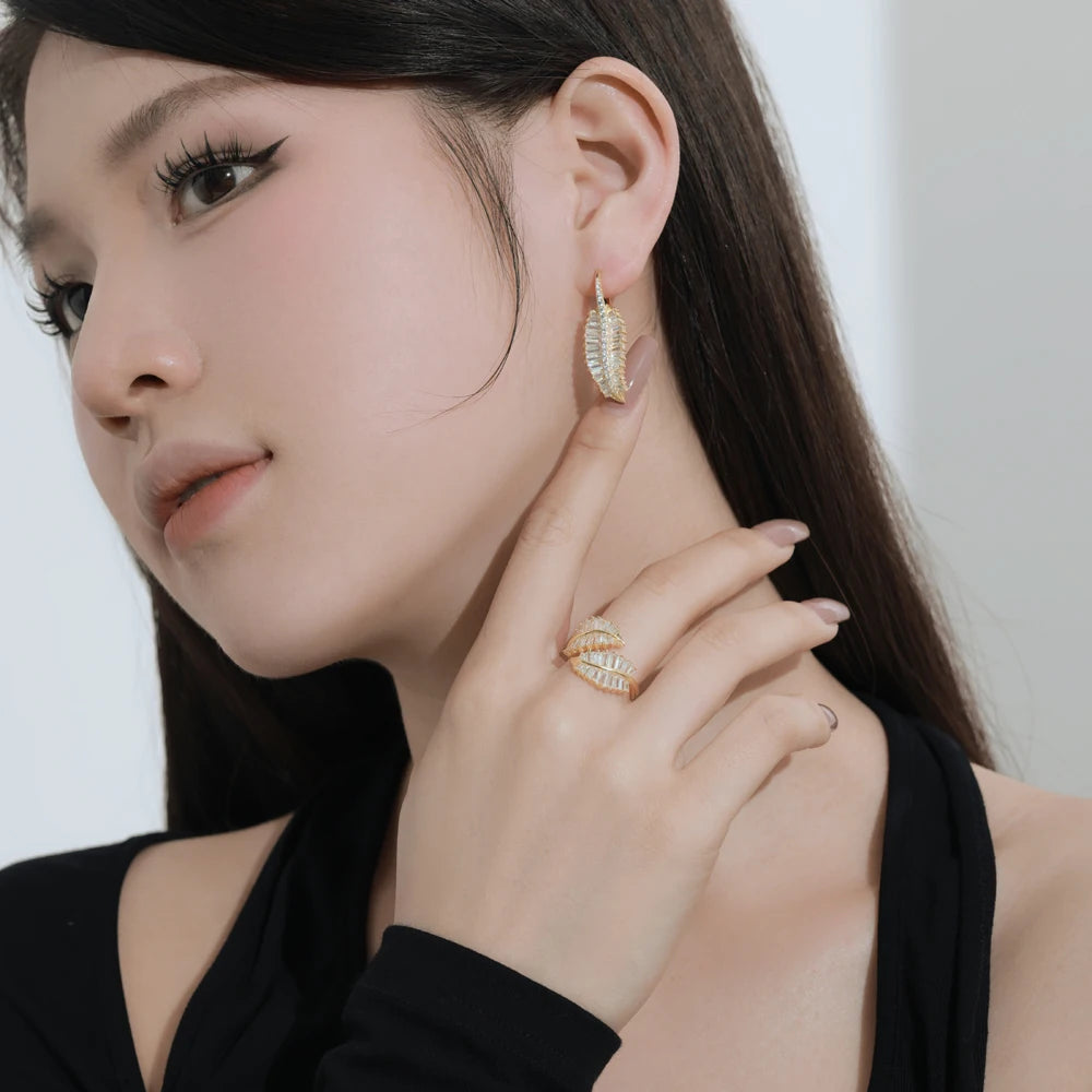 Silver Zircon Emerald Cut Iced Leaf Drop Earrings