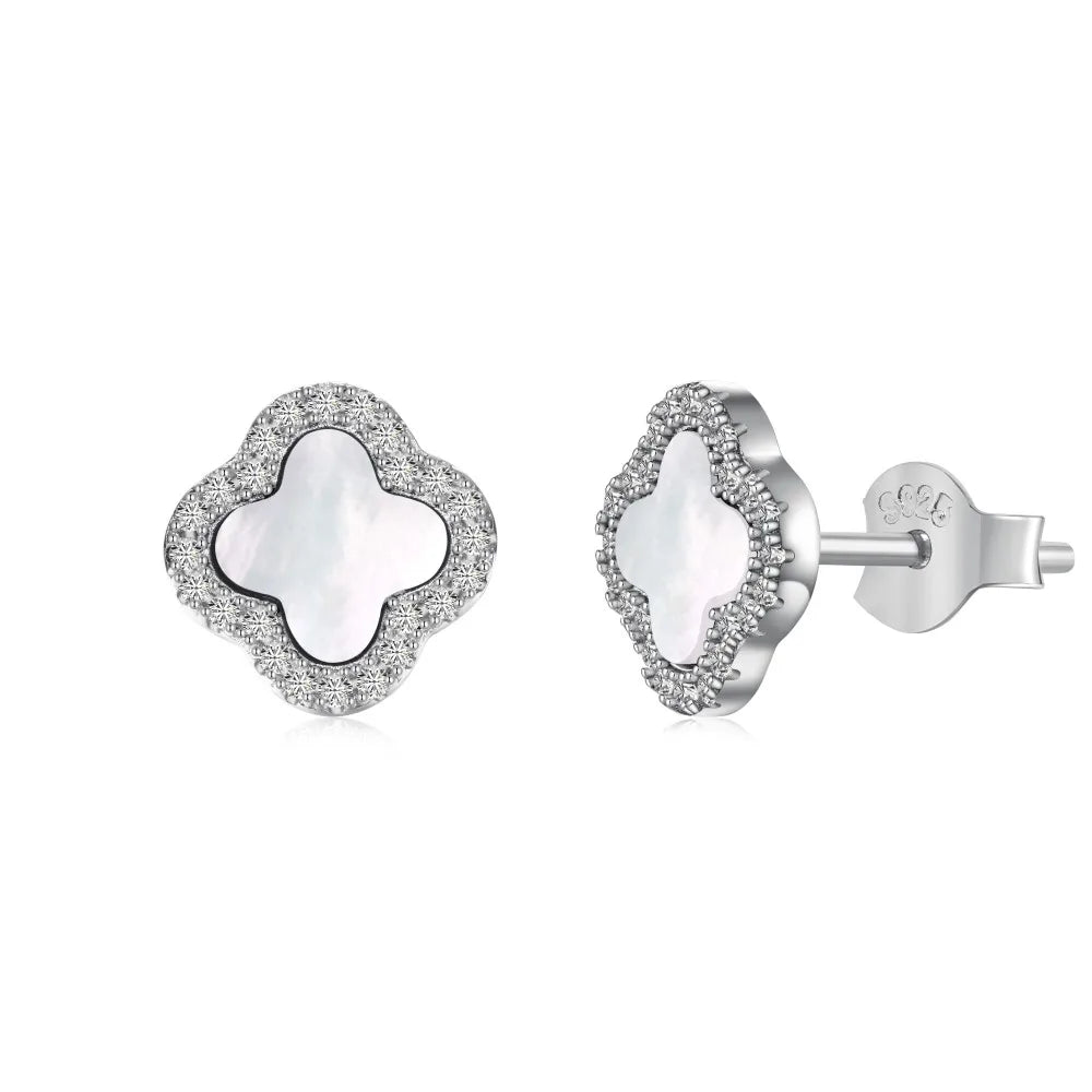 Silver Onyx Clover Cut Halo Ear Studs