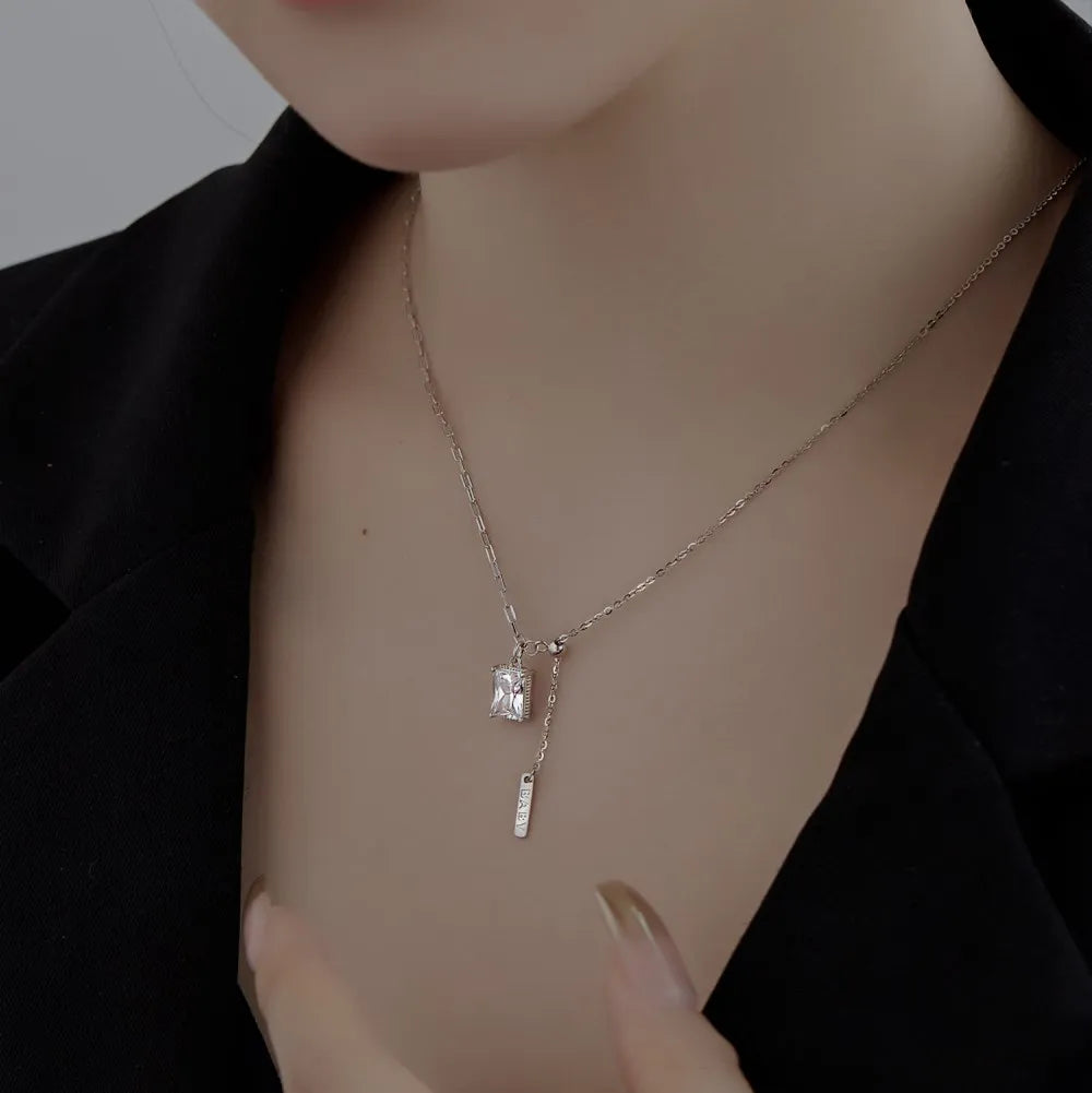 Silver Zircon Radiant Cut Duel Link Pendant Necklace