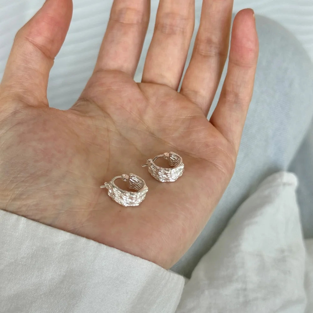 Silver Textured Chunky Huggie Earrings