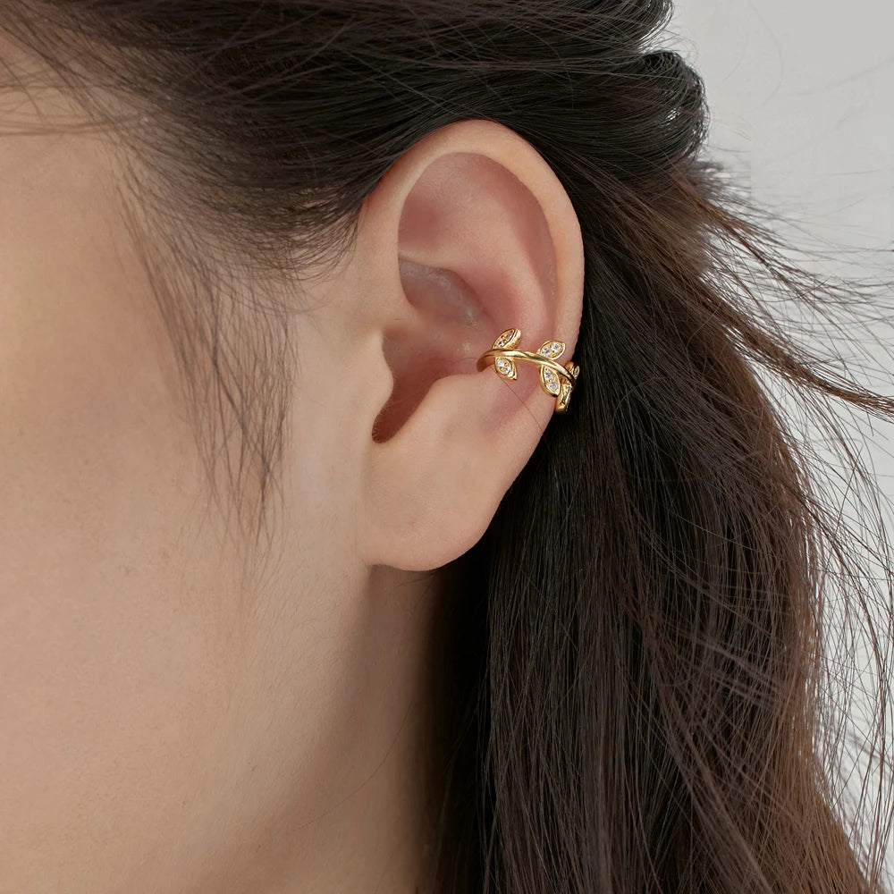Silver Zircon Round Cut Leaf Ear Cuffs