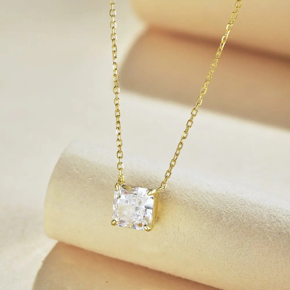 Silver Zircon Princess Cut Solitaire Pendant Necklace