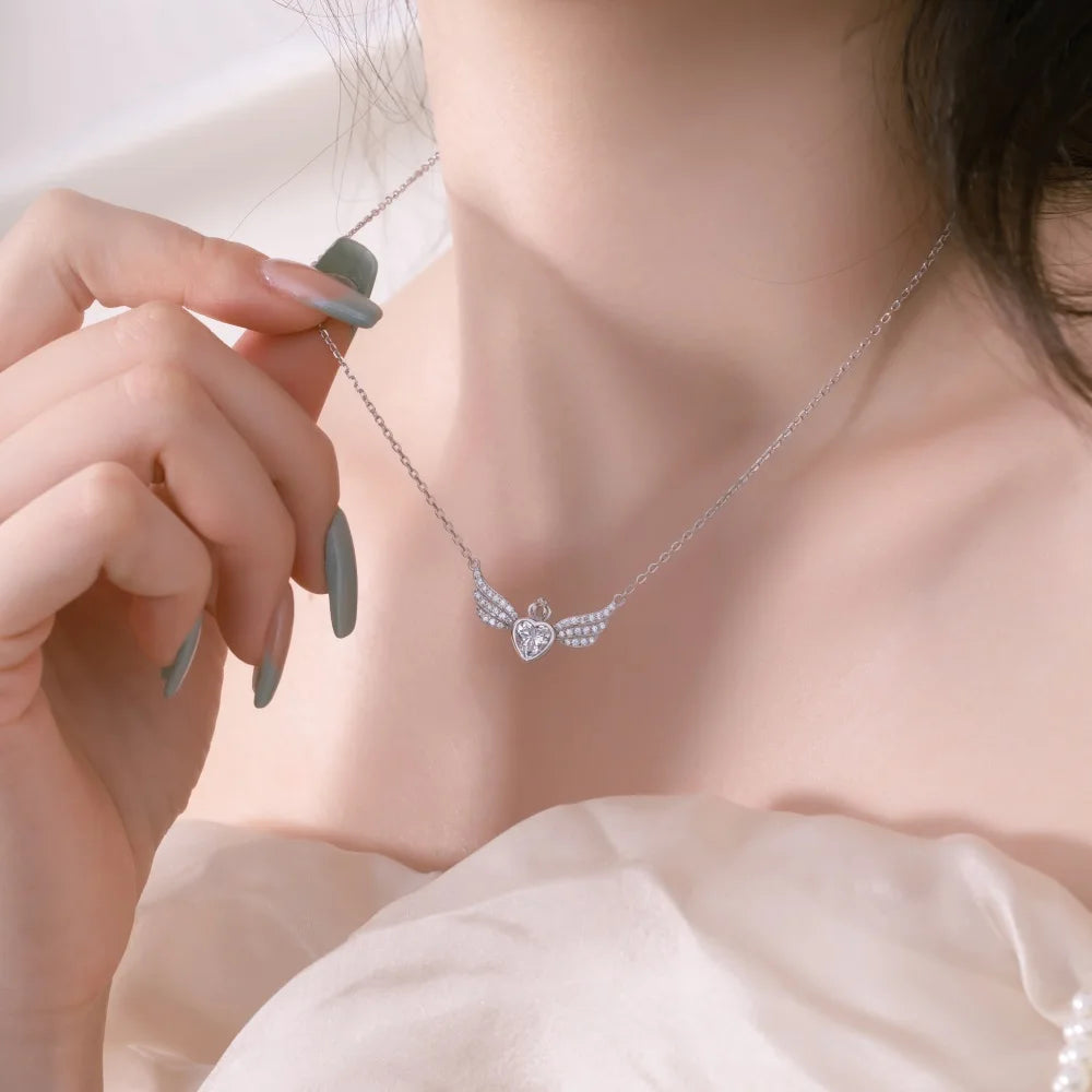 Silver Zircon Heart Cut Crown Wings Bar Necklace