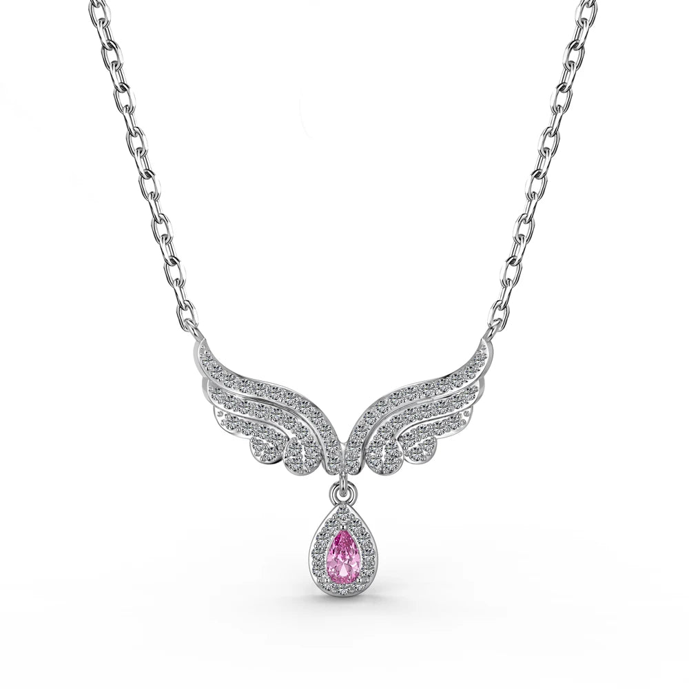 Silver Zircon Pear Cut Wings Waterdrop Pendant Necklace