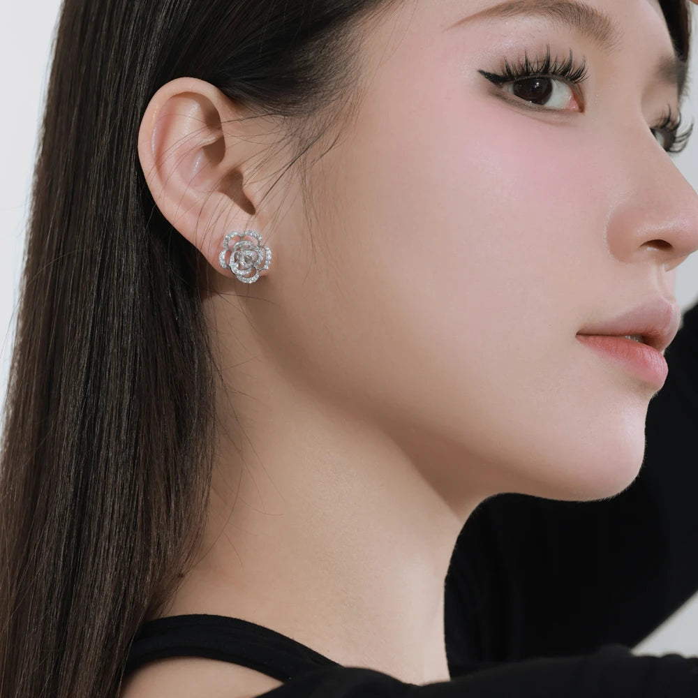 Silver Zircon Round Cut Inlaid Flower Ear Studs