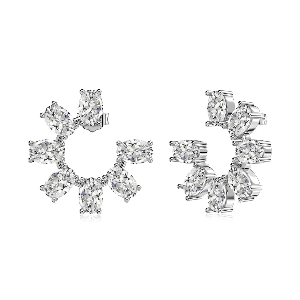 Silver Zircon Oval Cut Sunflower Ear Studs