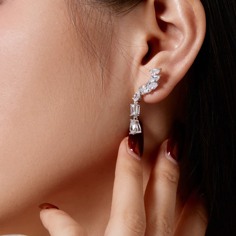 Silver Zircon Pear Cut Iced Tassel Tear Drop Earrings