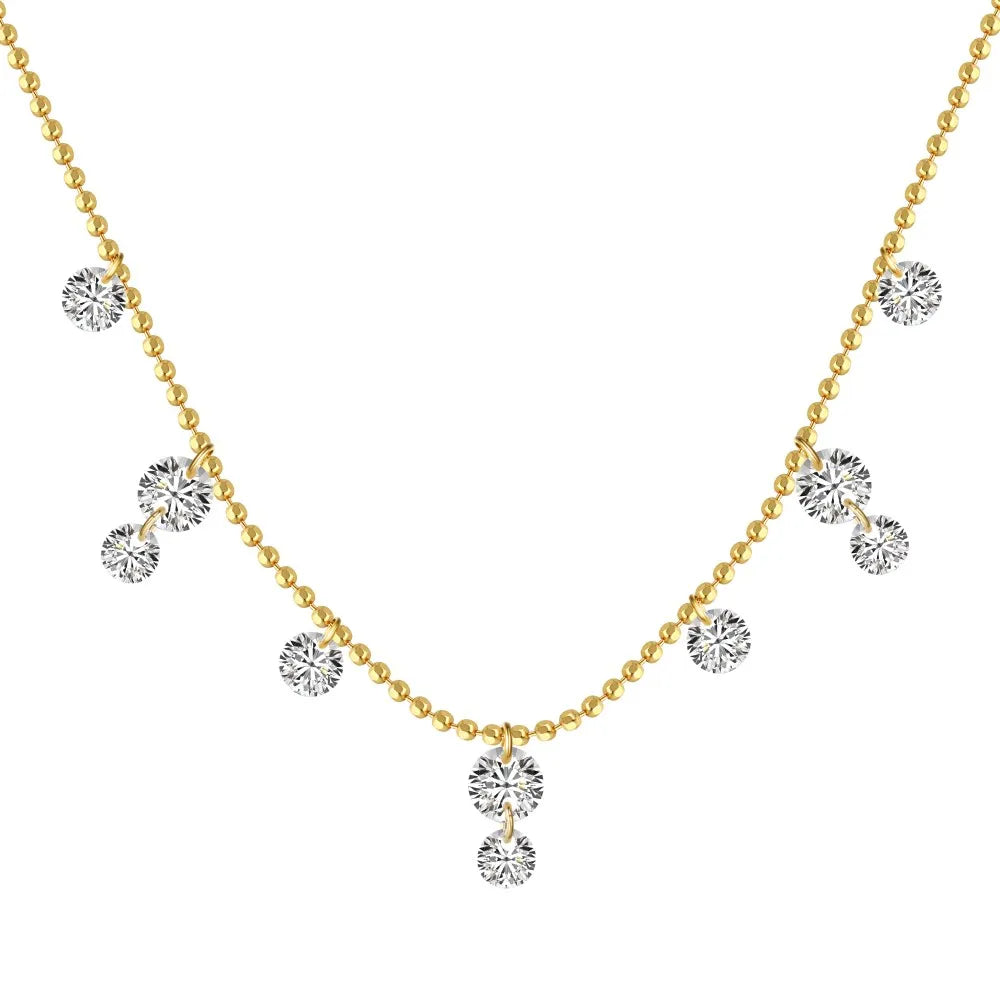 Silver Zircon Round Cut Stacked Tassel Chain Necklace