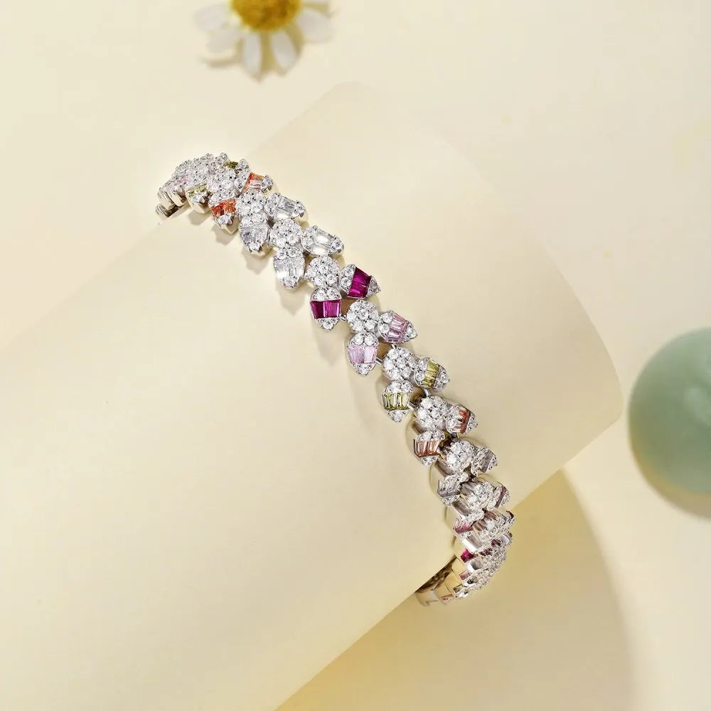 Silver Zircon Tapered Baguette Cut Leaf Tennis Bracelet