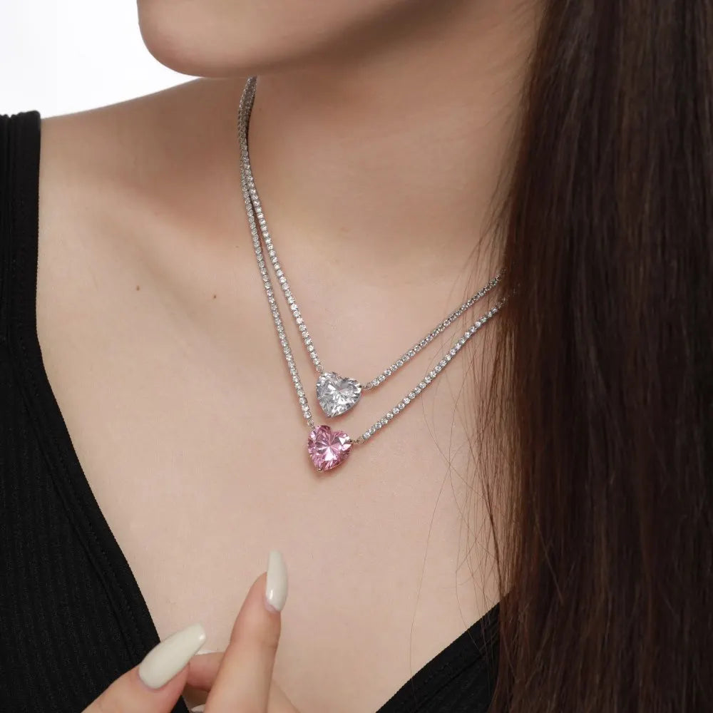 Silver Zircon Heart Cut Inlaid Tennis Necklace