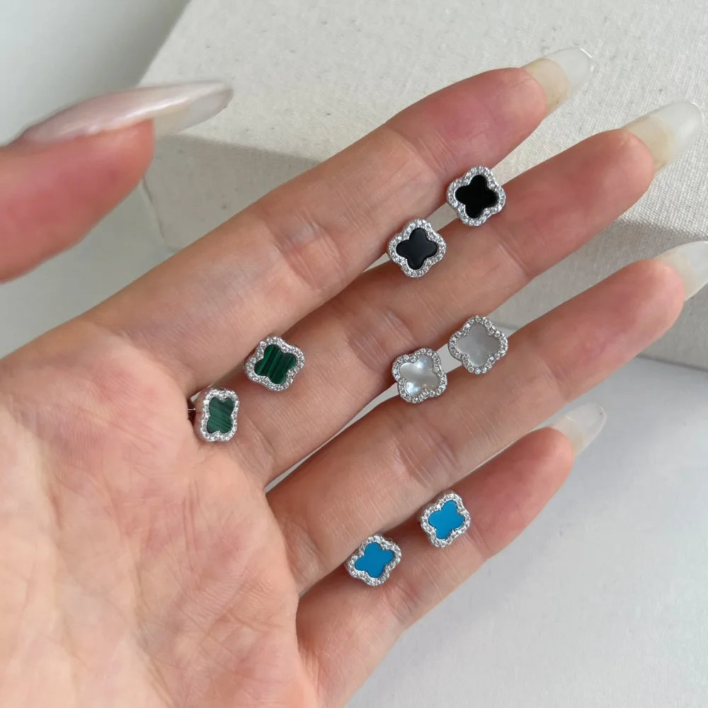 Silver Onyx Clover Cut Halo Ear Studs