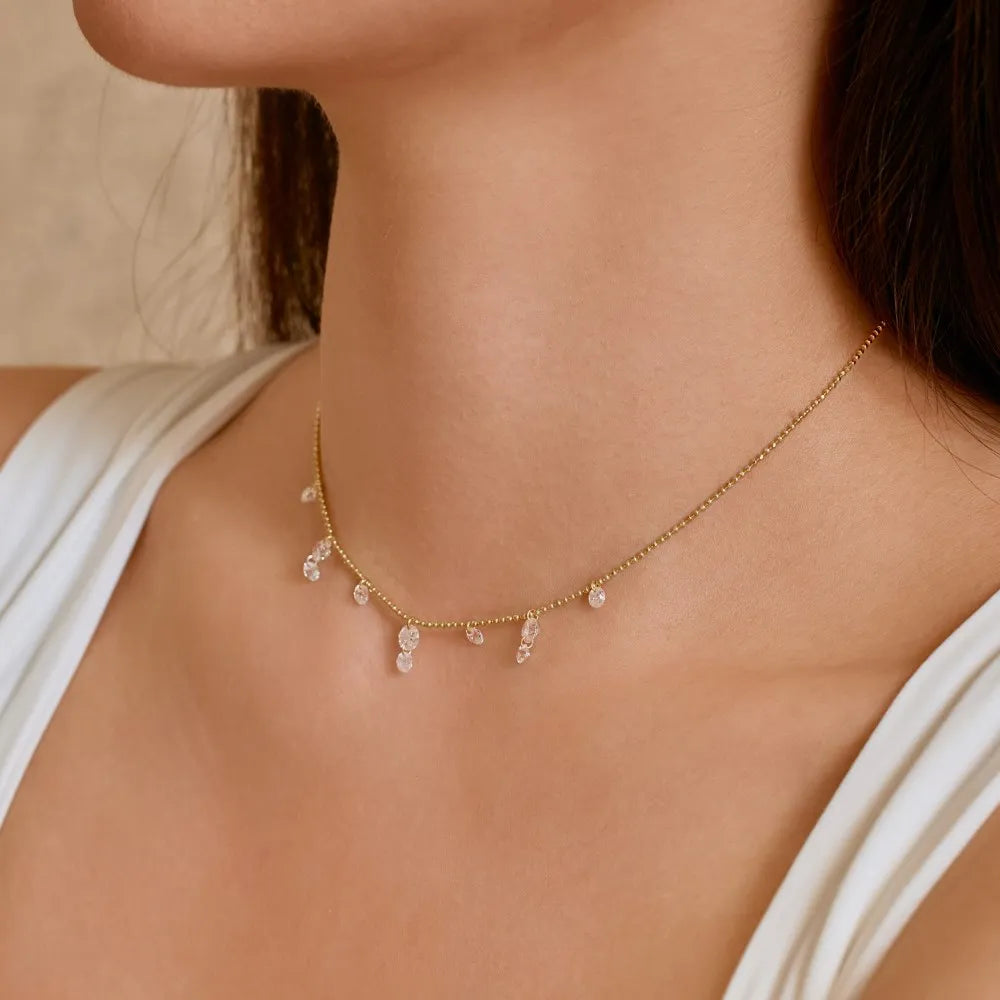 Silver Zircon Round Cut Stacked Tassel Chain Necklace