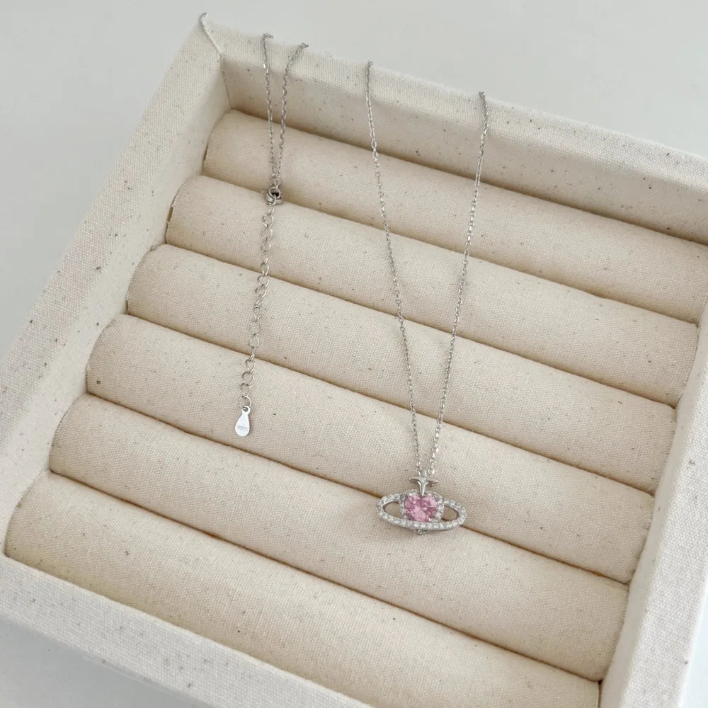 Silver Zircon Heart Cut Crossed Pendant Necklace