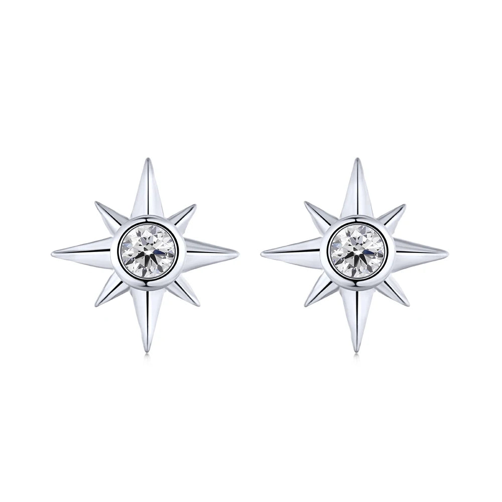 Silver Zircon Round Cut Starburst Ear Studs