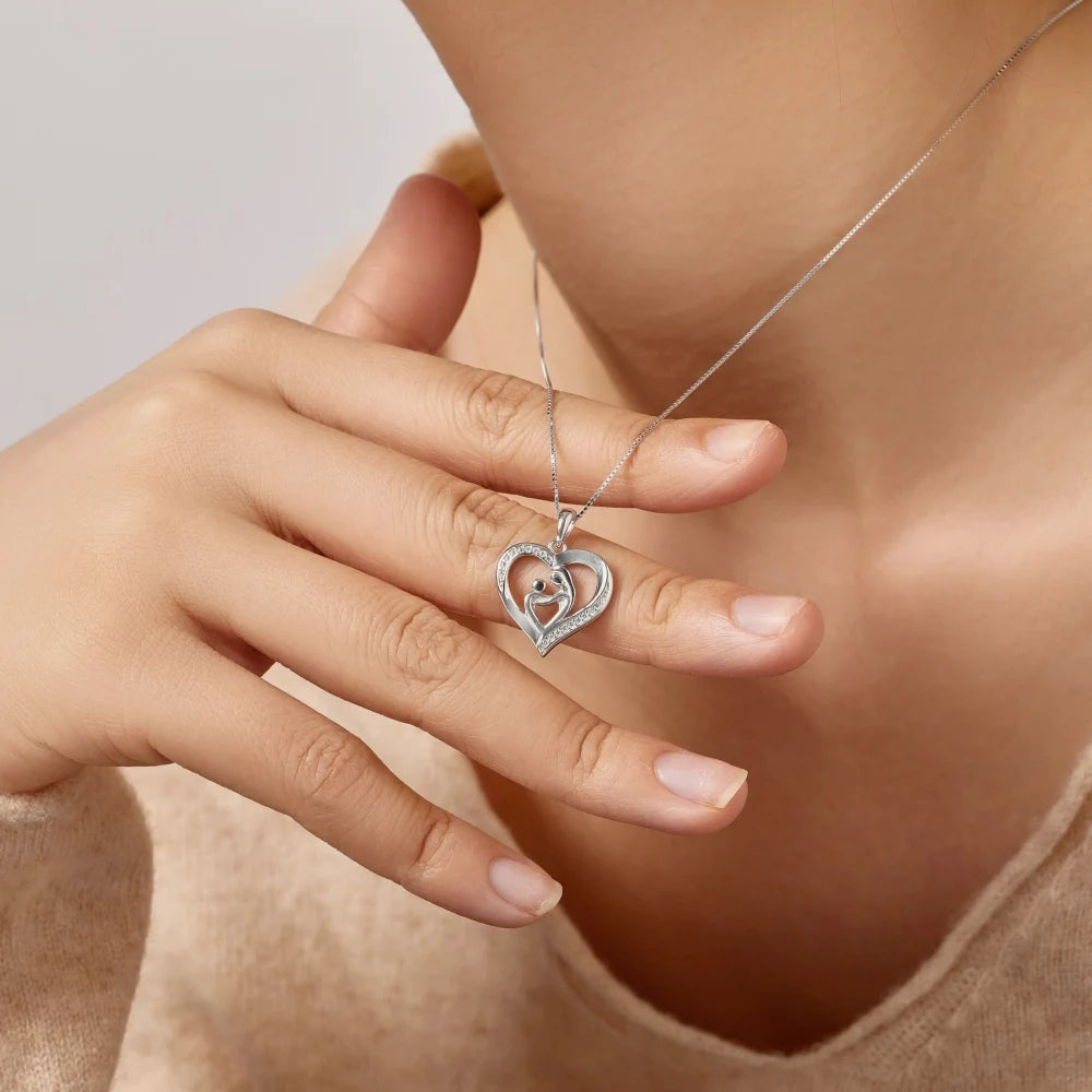 Silver Zircon Round Cut Mother And Child Heart Pendant Necklace