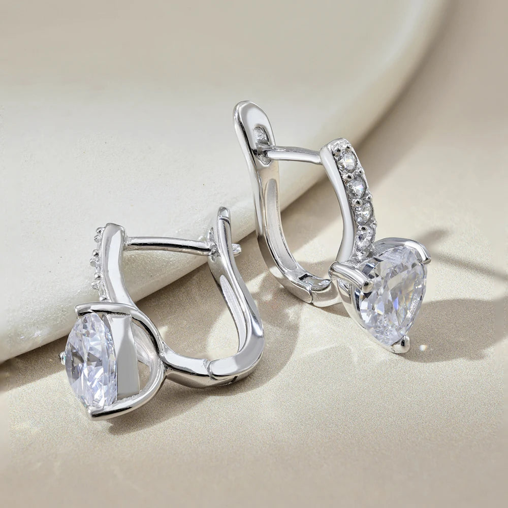 Silver Zircon Heart Cut Iced Ear Hoops