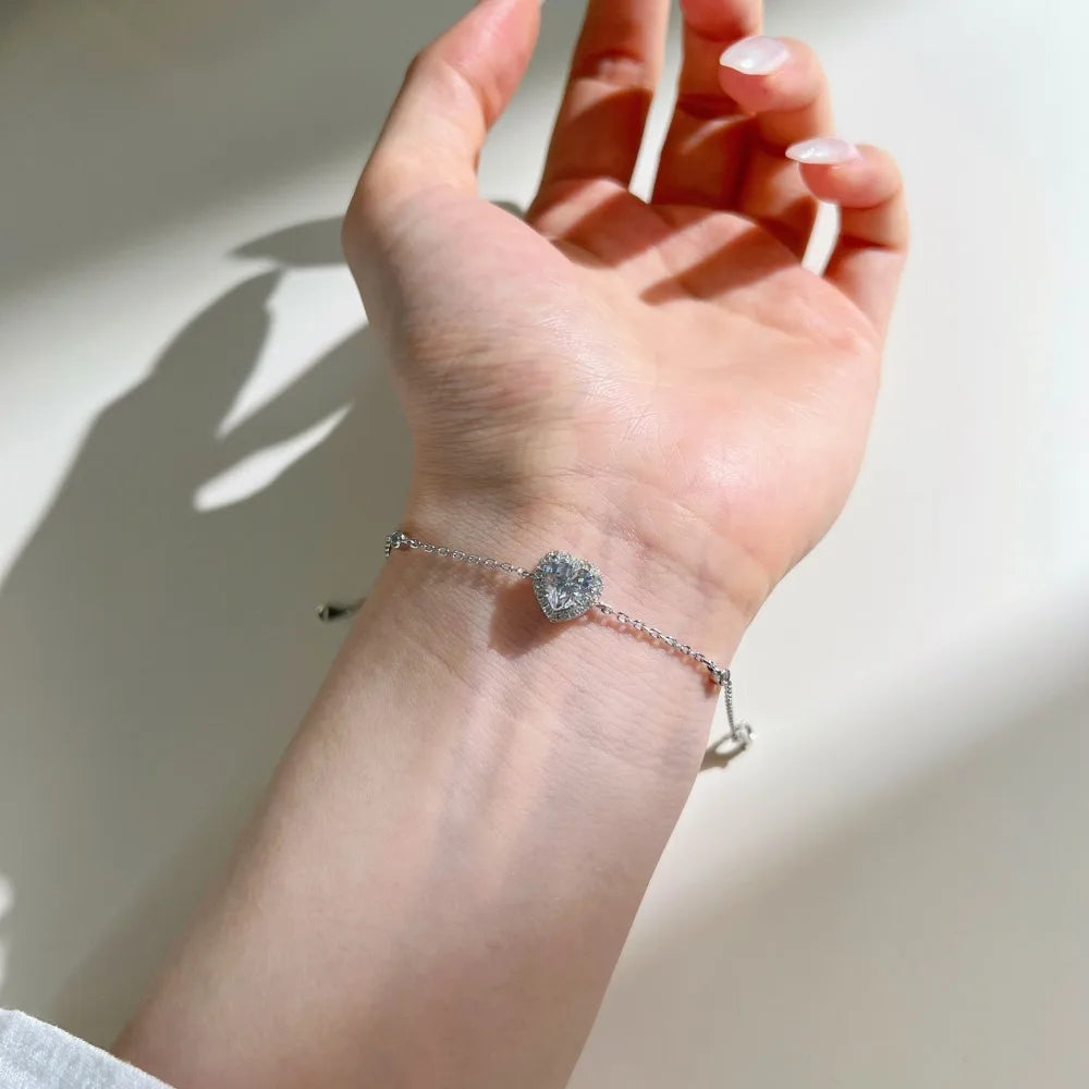 Silver Zircon Heart Cut Heart Chain Bracelet
